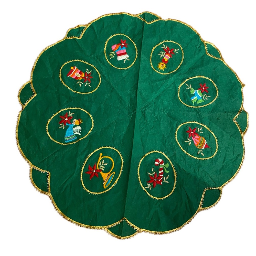Vtg Christmas Tablecloth/Tree Skirt 41" Green Crewel Angel Gold Trim Handmade
